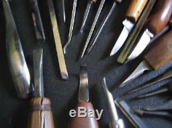 21+ Wood Carving Tools Chisels Shave Stones Case Vintage Handmade Signed