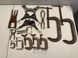 9+ Early metal clamps forged steel US collectible early woodworking tool lot