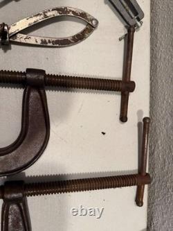 9+ Early metal clamps forged steel US collectible early woodworking tool lot