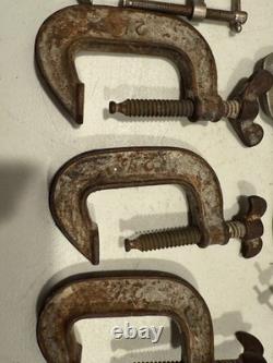 9+ Early metal clamps forged steel US collectible early woodworking tool lot