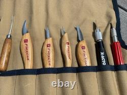 A Set Of Wood Carving Tools (Ramelson, Flexcut, 2 Misc) with canvas carrier