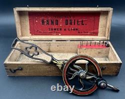 Antique 1880's Whitney's Tower & Lyon Hand Drill Woodworking With Box & Wrench