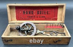Antique 1880's Whitney's Tower & Lyon Hand Drill Woodworking With Box & Wrench