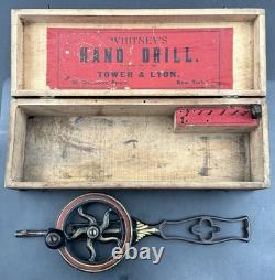 Antique 1880's Whitney's Tower & Lyon Hand Drill Woodworking With Box & Wrench