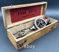 Antique 1880's Whitney's Tower & Lyon Hand Drill Woodworking With Box & Wrench