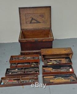 Antique Carpenter Woodworking Tool Chest Box Late 19th c. COMPLETE! Storage Find