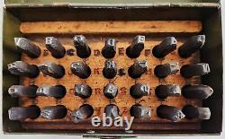 Antique LEATHER WOODWORKING METAL 3/16 ALPHABET letter STAMPS bits punches box