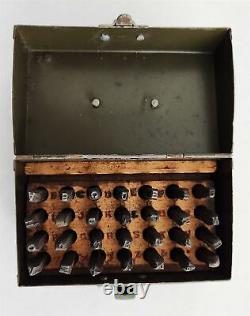 Antique LEATHER WOODWORKING METAL 3/16 ALPHABET letter STAMPS bits punches box