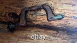 Antique Wood & Brass Plated Bit Brace Hand Drill Tool Vintage Woodworking Tools