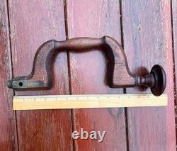 Antique Wood & Brass Plated Bit Brace Hand Drill Tool Vintage Woodworking Tools