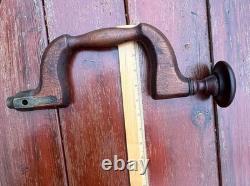 Antique Wood & Brass Plated Bit Brace Hand Drill Tool Vintage Woodworking Tools