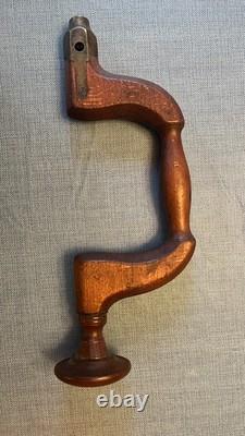 Antique Wood & Brass Plated Bit Brace Hand Drill Tool Vintage Woodworking Tools