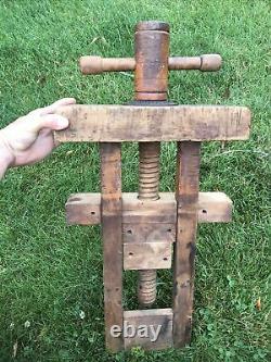 Antique Wooden Screw Vise J Niederer Iron Sleeve Wood Working Bench Tool