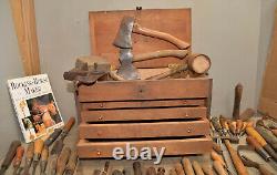Carvers chest & tools mallet axe gouge chisel knives collectible woodworking lot