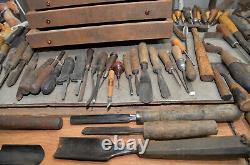Carvers chest & tools mallet axe gouge chisel knives collectible woodworking lot