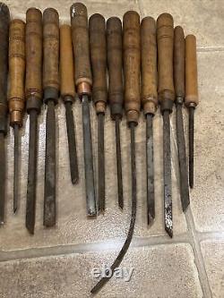 Collection of 20 Antique Woodworking Chisels Buck Bros. + Hammacher Schlemmer