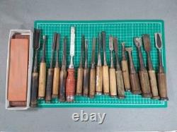 Japanese Chisel Lot of 18 Nomi Woodworking Carpentry Tools with Sharpening Stone