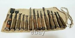 Japanese Chisel Nomi Carpenter Tool Inscription Set of 14 Woodworking Hand Tool