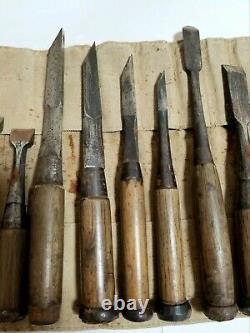 Japanese Chisel Nomi Carpenter Tool Inscription Set of 14 Woodworking Hand Tool
