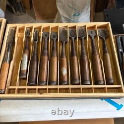 Japanese Wood Chisel Set 10 Pc Ouchi With Wooden Case Carpenter Used
