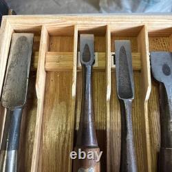 Japanese Wood Chisel Set 10 Pc Ouchi With Wooden Case Carpenter Used