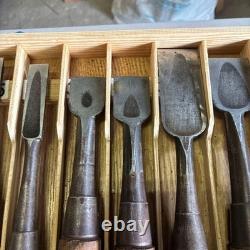 Japanese Wood Chisel Set 10 Pc Ouchi With Wooden Case Carpenter Used
