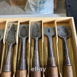 Japanese Wood Chisel Set 10 Pc Ouchi With Wooden Case Carpenter Used