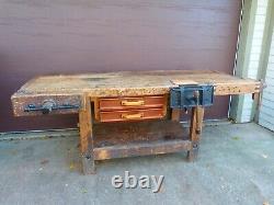 LARGE antique woodworking carpenter's bench with Columbian pattern makers vise VTG