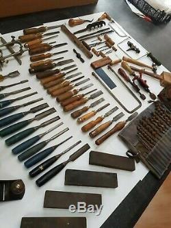 Large Joblot Of 100+ Old Vintage Woodworking Tools Planes Chisels Augers