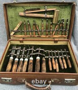 Large french woodwork carving tools set leather box early 1900's brass hammer