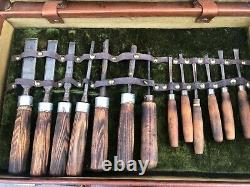 Large french woodwork carving tools set leather box early 1900's brass hammer