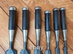 Lot of 6 Vintage Japanese Bevel Edge Chisels Rosewood handle Woodworking Tools