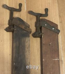 Pair Vintage Wooden and Cast Iron woodworking Bar clamps