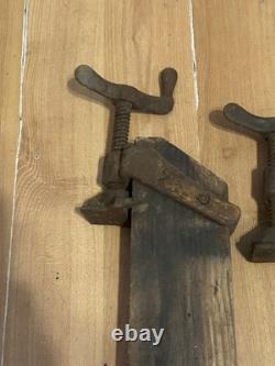 Pair Vintage Wooden and Cast Iron woodworking Bar clamps