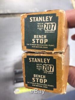 Pair vtg STANLEY Sweetheart # 207 BENCH STOP BOX Woodworking Shop TOOL plane dog