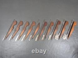 Part set of 10 vintage wooden moulding planes hollow & round old tools Routledge
