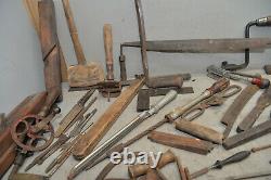Pattern maker tool lot collectible woodworking antique saw brace drawknife more