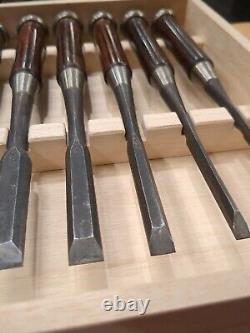 Set Of 10 Japanese Chisels Hidari Hisasaku Nomi, Rosewood handles