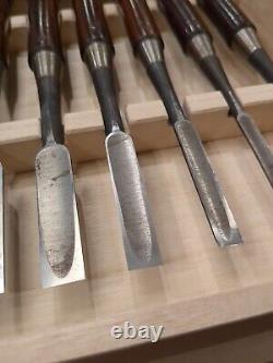 Set Of 10 Japanese Chisels Hidari Hisasaku Nomi, Rosewood handles