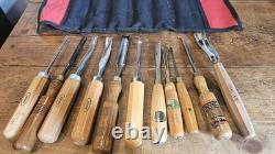 Set of 11 Carving Tools in Roll. Includes Marples, Ashley Iles Etc