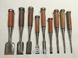 Set of 9 Japanese Bench Chisels, Vintage Woodworking Tool Lot Oire Nomi SHARP