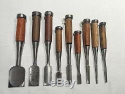 Set of 9 Japanese Bench Chisels, Vintage Woodworking Tool Lot Oire Nomi SHARP