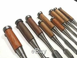 Set of 9 Japanese Bench Chisels, Vintage Woodworking Tool Lot Oire Nomi SHARP