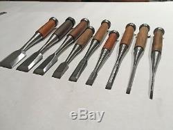 Set of 9 Japanese Bench Chisels, Vintage Woodworking Tool Lot Oire Nomi SHARP