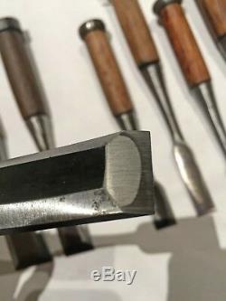 Set of 9 Japanese Bench Chisels, Vintage Woodworking Tool Lot Oire Nomi SHARP