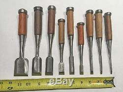 Set of 9 Japanese Bench Chisels, Vintage Woodworking Tool Lot Oire Nomi SHARP