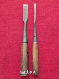Two Piece Antique Woodworking Chisel Drill Set with Wooden Handles Vintage