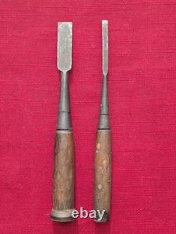 Two Piece Antique Woodworking Chisel Drill Set with Wooden Handles Vintage