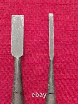 Two Piece Antique Woodworking Chisel Drill Set with Wooden Handles Vintage