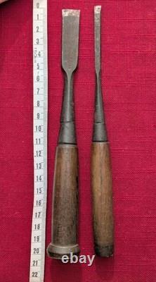 Two Piece Antique Woodworking Chisel Drill Set with Wooden Handles Vintage